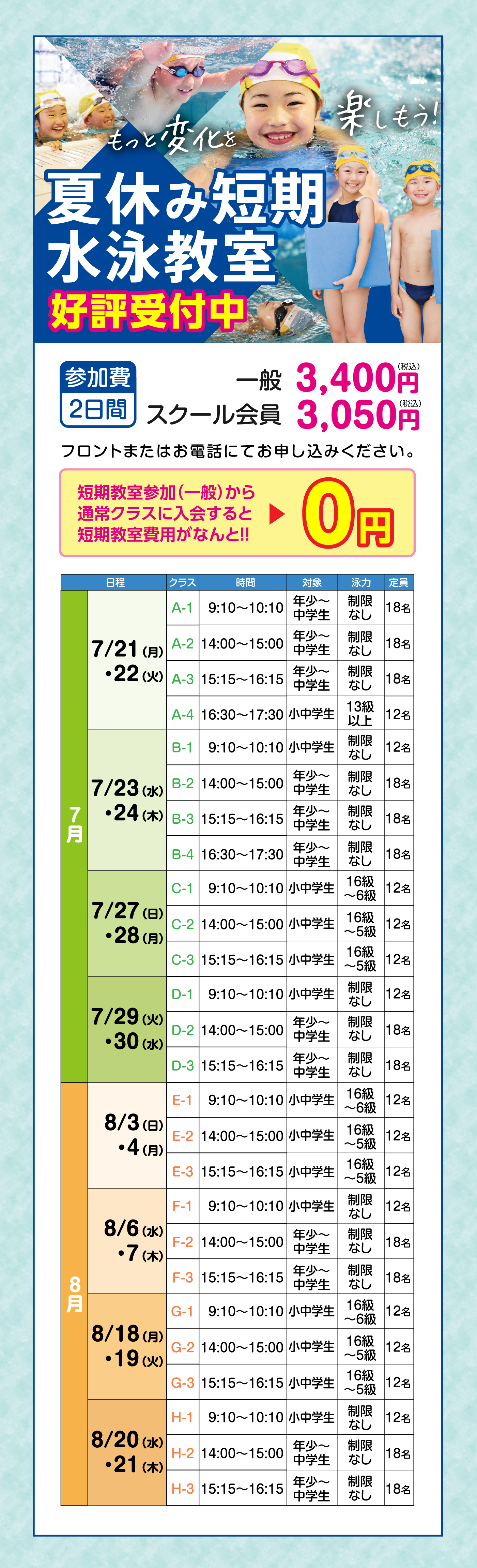 夏休み短期水泳教室