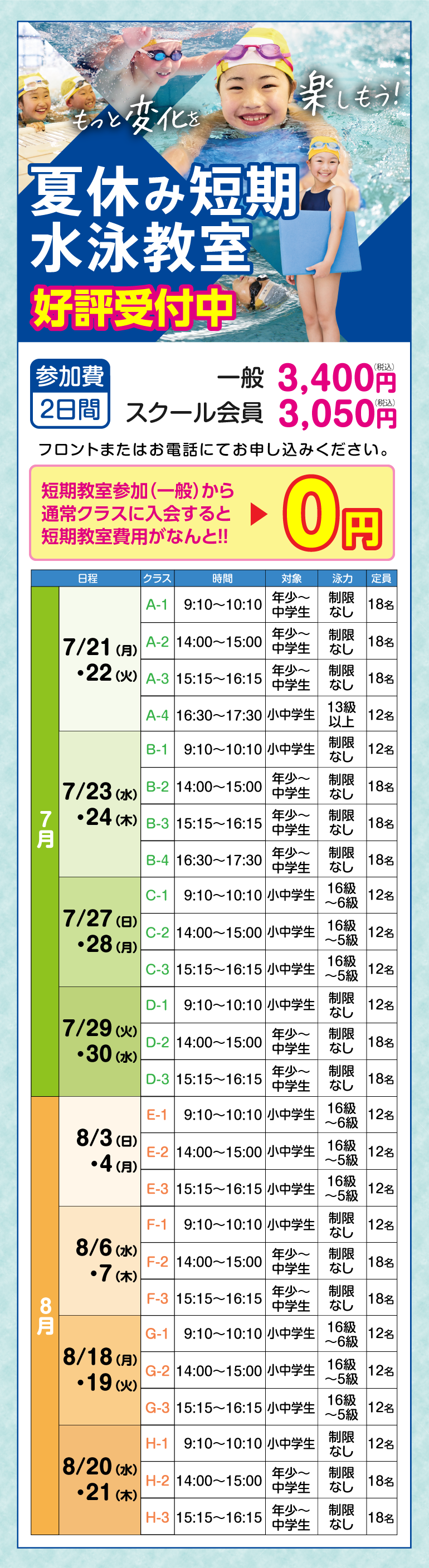 夏休み短期水泳教室